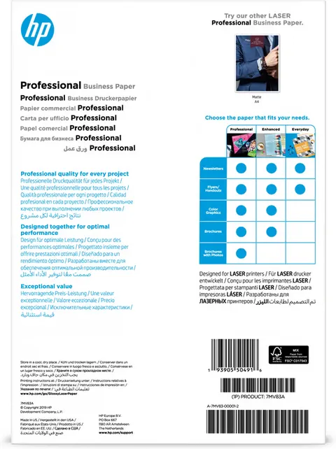 HP Professional Business 7MV83A, Carta professionale lucida, grammatura 200 g/m2, formato A4, Confezione da 150 fogli