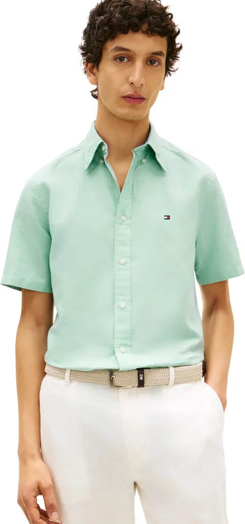 Tommy Hilfiger Camicia da Uomo in Misto Lino Tinta Unita SS RF SHT MW0MW42450 S/S, Verde, S