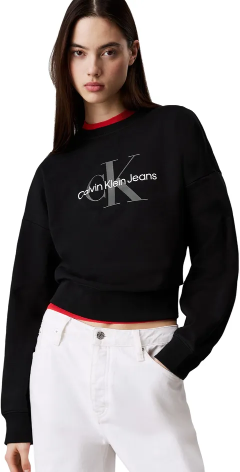 Calvin Klein Donna Felpa Monologo French Terry con Scollo Rotondo, Nero (Black), S