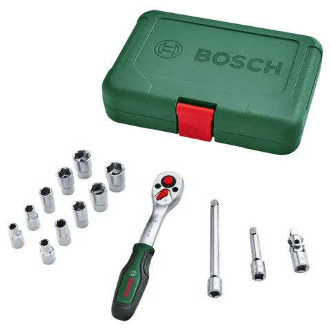 Bosch Set da 14 pezzi di cricchetti/bussole da 1/4"(set di bussole versatile, di alta