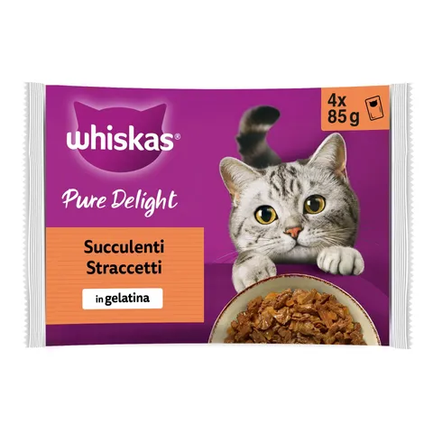 Whiskas Pure Delight Succulenti Straccetti, 1+ Anni, Cibo Umido per Gatto, 13 Confezioni ognuna da 4 Bustine da 85 g (52 Bustine in Totale)