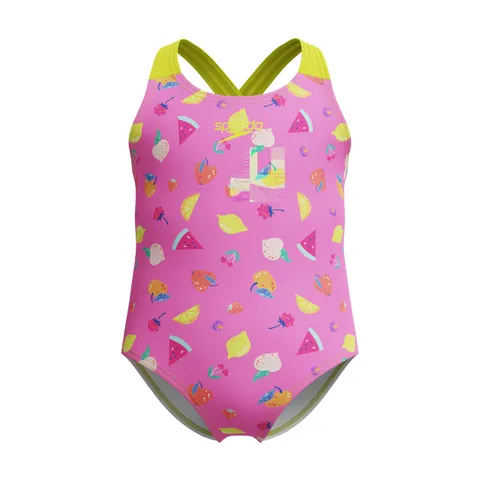 Speedo Print Crossback One Piece Costume da Bagno per Bambina, Rosa, 3 Anni