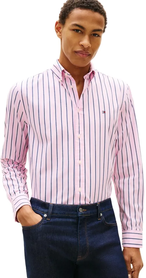 Tommy Hilfiger Camicia da Uomo Flex Popeline Bold Stripe RF Mw0Mw39159, Rosa, XS