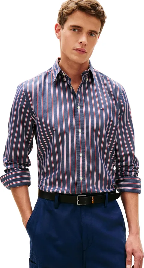 Tommy Hilfiger Uomo Camicia Flex Poplin Bold Stripe in Cotone, Multicolore (Carbon