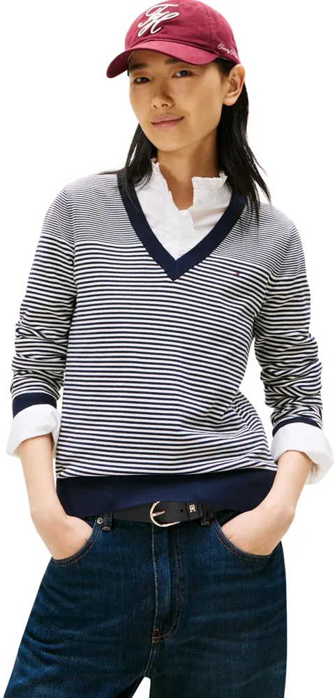 Tommy Hilfiger Donna Pullover Jersey V-Neck Pullover in Maglia, Multicolore (Bretton Stripe Dark Night Navy), XXXL