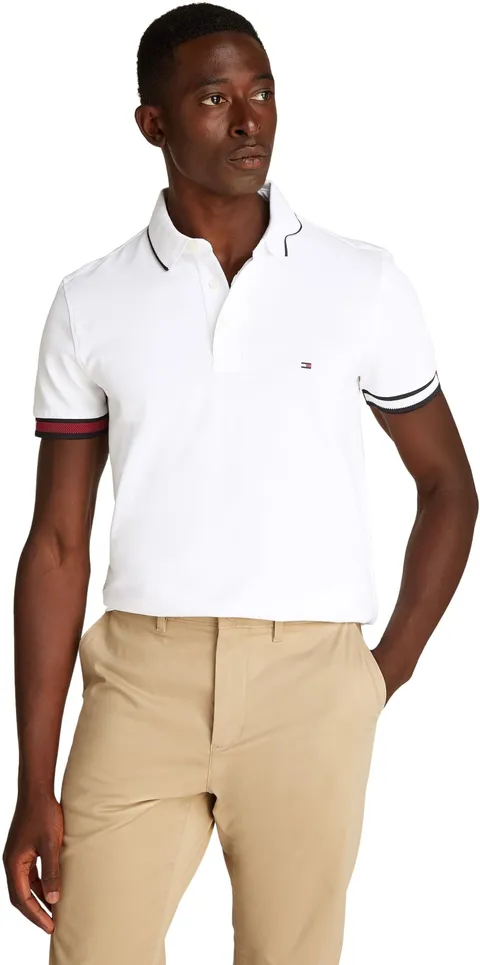 Tommy Hilfiger Uomo Maglietta Polo Maniche Corte Flag Cuff Slim Fit, Bianco (White), S