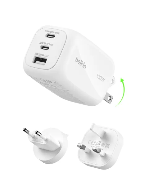 Belkin Caricatore da muro GaN USBC a 3 porte da 100 W, 2 porte USBC e 1 porta USBA, Spine