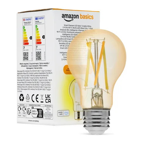 Amazon Basics - Lampadina Intelligente a Filamento LED A60, Luce Bianca Regolabile, Wi-Fi