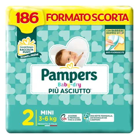 Pampers Baby Dry Mini, Taglia 2 (3-6 kg), Formato Scorta, Barriere Anti-Fuoriuscite, Più Asciutto Fino a 12h, Linguette Rinforzate e Avvolgenti, 186 Pannolini Neonato