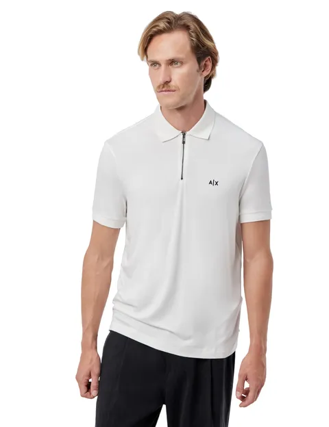 Armani Exchange Polo da Uomo con Logo 3D Embroidered Half Silver Zip, off White,XS