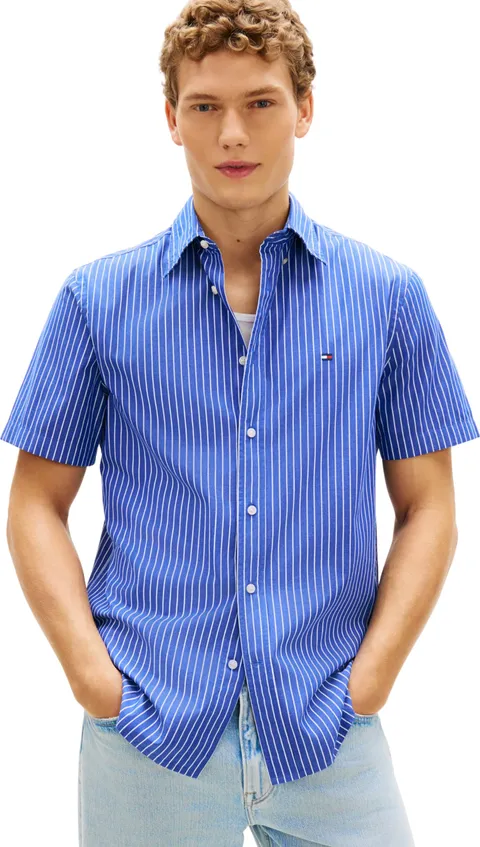 Tommy Hilfiger Camicia Uomo Flex Popeline STP SS MW0MW42860 S/S Maglietta, Blu, S