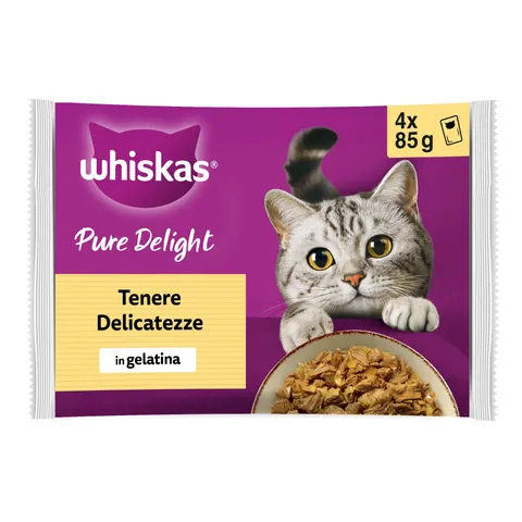 WHISKAS PURE DELIGHT Cibo Umido in Gelatina per Gatti Adulti 4x85g Selezione Delicata, confezione da 13