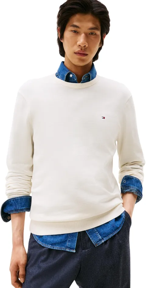 Tommy Hilfiger Uomo Pullover Essential Cotton con Scollo Rotondo, Avorio (Ivory Petal)
