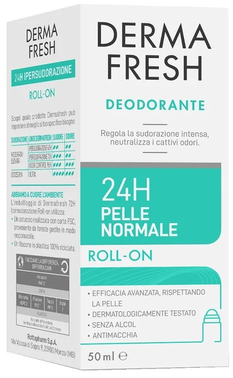 Dermafresh Deodorante Roll-On Efficace 24h, 100 ml, Pelle Normale, Antimacchia