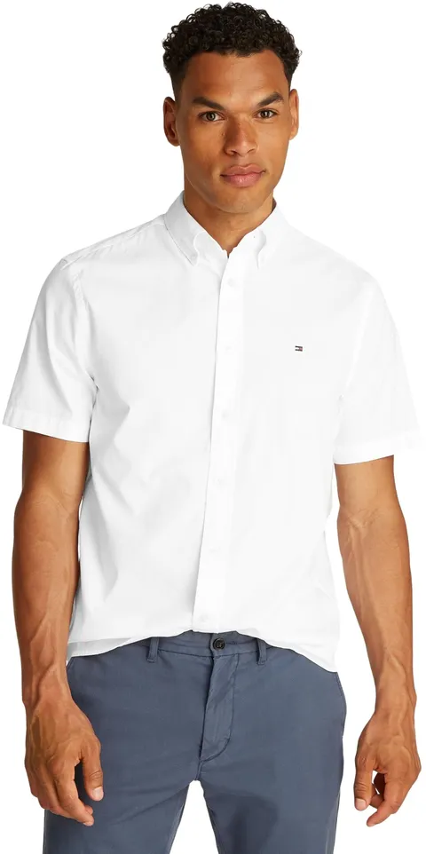 Tommy Hilfiger Uomo Camicia Flex Poplin Solid Maniche Corte, Bianco (Optic White), S