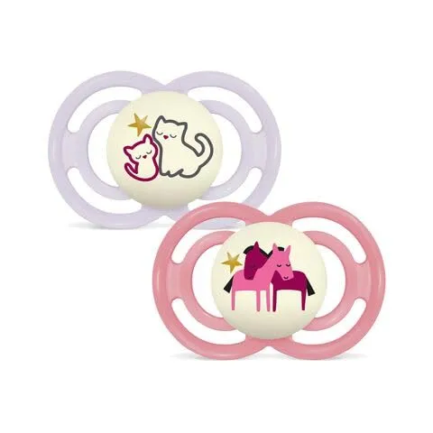 MAM Perfect Night Confezione Doppia Succhietto 16+ Mesi (Set da 2), Ciuccio MAM 16 36 mesi silicone che si illumina al buio, 2 accessori neonato per lo sviluppo orale con porta ciuccio, Rosa/Giallo