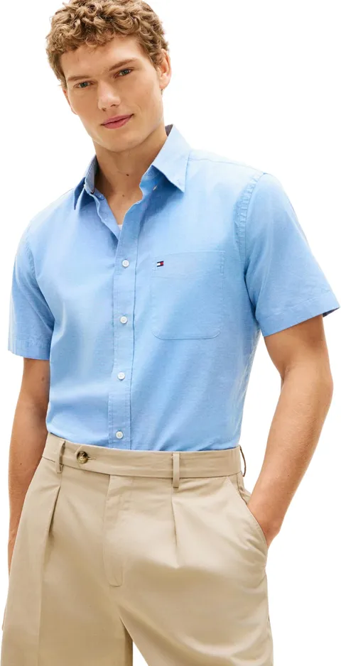 Tommy Hilfiger Camicia da Uomo Leggera Oxford Solid SS BD MW0MW42285, Blu, L