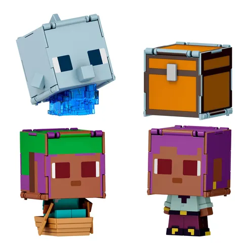 Mattel Minecraft - Flippin' Figs Delfino + Baule ed Efe + Efe in barca, set da 2