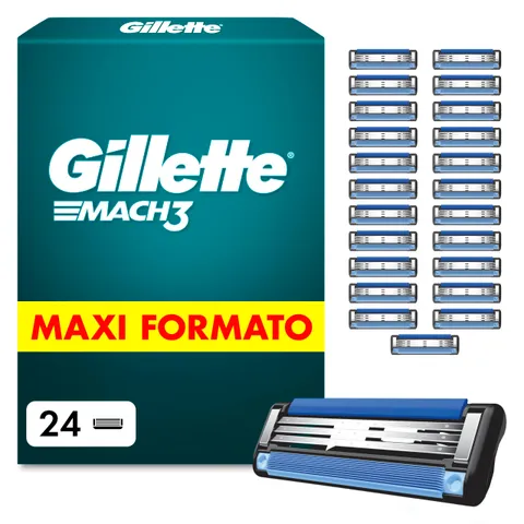 Gillette Mach3 Base 24 Lamette di Ricambio per Rasoio Barba Mach 3, con Striscia