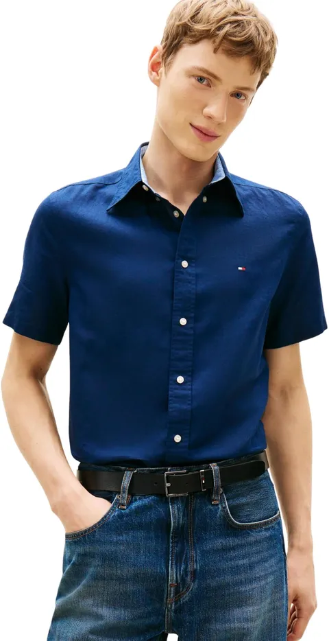Tommy Hilfiger Camicia da Uomo in Misto Lino Tinta Unita SS RF SHT MW0MW42450 S/S, Blu, M