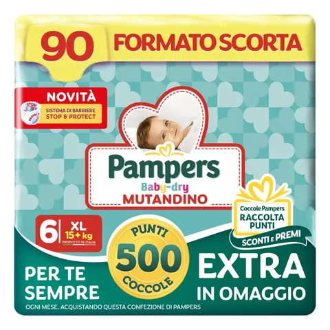 Pampers Baby Dry Mutandino XL, Taglia 6 (15+ kg), Formato Scorta, Barriera Stop&Protect, Anti-Fuoriuscite, Fascia Elastica, Asciutto 12h, Cambio Facile, 90 Pannolini Bambino + 500 Punti Omaggio