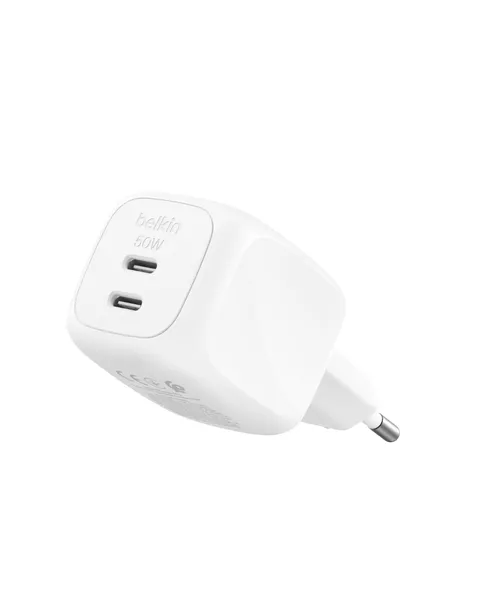 Belkin Caricatore USB C a 2 Porte 50W, Carica Batterie Cellulare USBC GaN a 2 Porte
