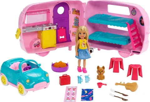 Barbie il Camper di Chelsea, PlaySet con Bambola, Veicolo, Roulotte e Tanti Accessori