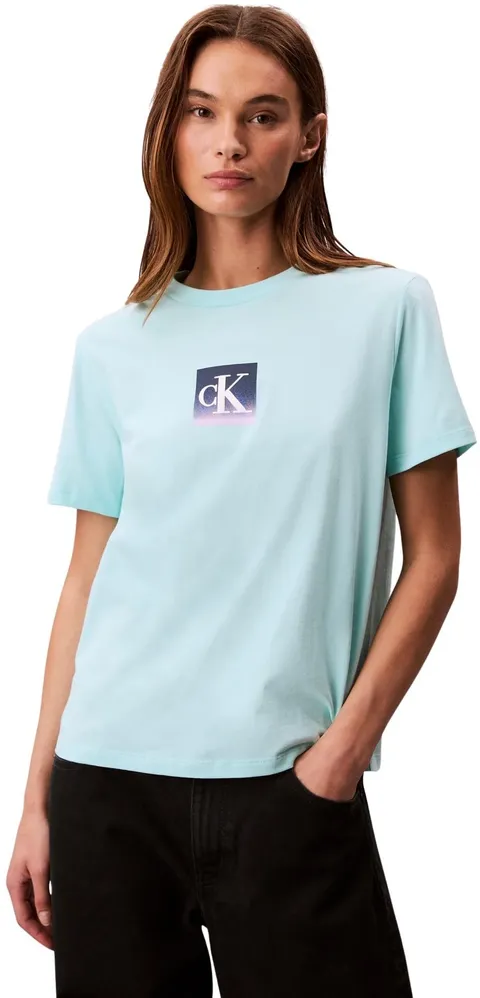 Calvin Klein Donna T-Shirt Maniche Corte Classic Boxed Monogram con Logo, Turchese