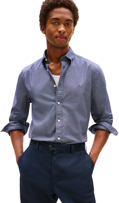 Tommy Hilfiger Uomo Camicia Flex Poplin Micro Regular Fit, Blu (Preppy Navy/Allover), XXL