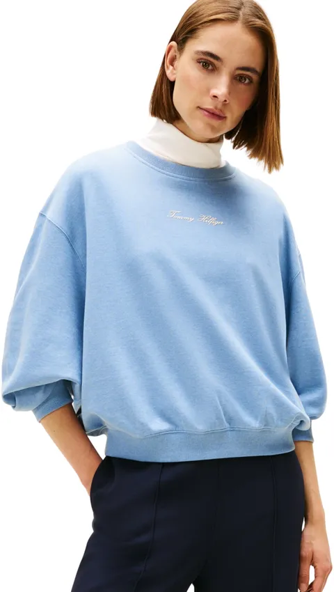 Tommy Hilfiger Donna Felpa Classic Script Terry Scollo Rotondo, Blu (Brisk Blue Heather)