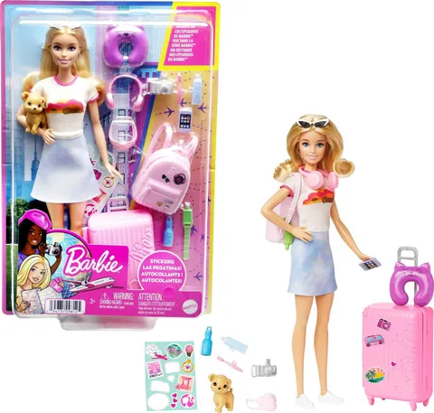 Barbie - Set da viaggio Malibu, Bambola e accessori, con cagnolino e oltre 10 pezzi