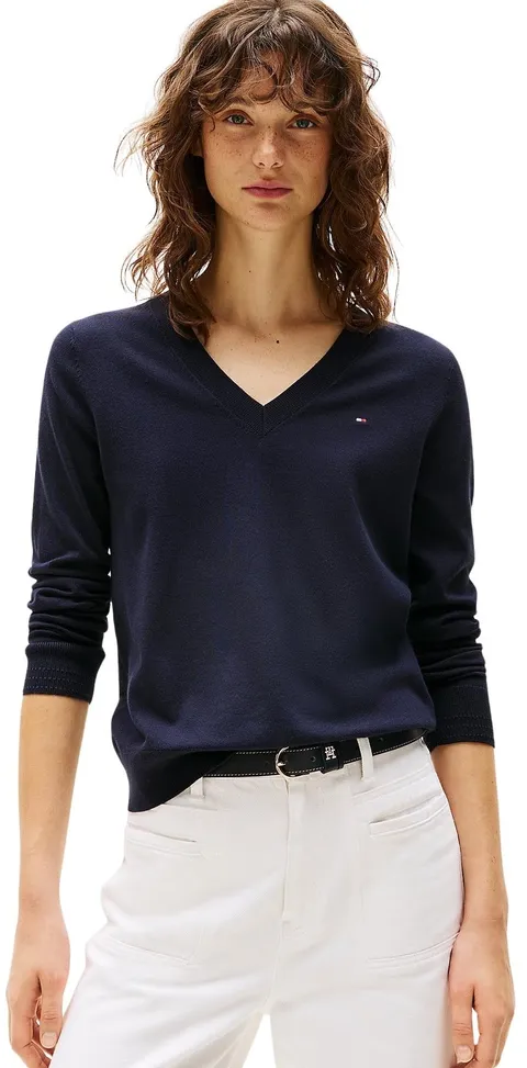 Tommy Hilfiger Donna Pullover Co Jersey Stitch Sweater Scollo a V, Blu (Desert Sky), S