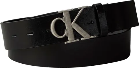 Calvin Klein Uomo Cintura Monogram Buckle 3,5 cm con Fibbia con Monogramma, Nero (Black/Antique Silver), 135 cm