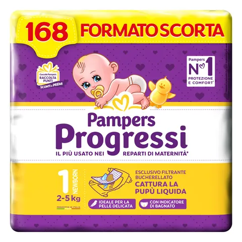 Pampers Progressi Newborn, Taglia 1 (2-5 kg), Formato Scorta, Indicatore di Bagnato, Protezione Pelli Delicate Prima Infanzia, Linguette Rinforzate, Anti-Fuoriuscite, 168 Pannolini Neonato