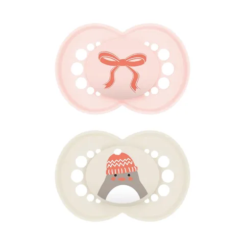 MAM Original Winter Limited Edition Succhietto 16+ Mesi (Set da 2), Ciuccio MAM 16 36 mesi a tema invernale e natalizio, Regalo neonato con tettarella in silicone e porta ciuccio sterilizzatore, Rosa