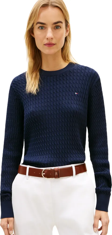 Tommy Hilfiger Donna Pullover Cable Fine Motivo a Trecce, Blu (Dark Night Navy), XXS