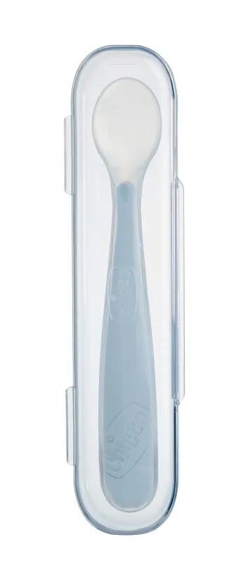Chicco Cucchiaio in Silicone Morbido per Svezzamento 6m+ con Pratica Custodia da Viaggio