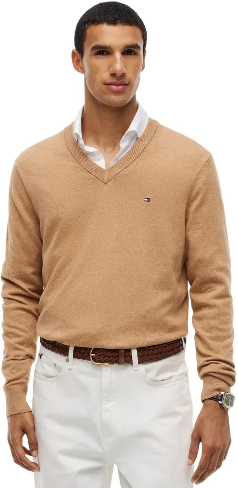 Tommy Hilfiger Pima Org CTN Cashmere Scollo a V Mw0Mw28047, Pullover Maglione, Safari