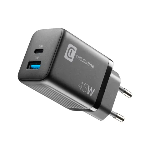 cellularline - Caricabatterie da Rete USB-C 45W + USB-A 18W Super Fast Charging 2.0 Nero