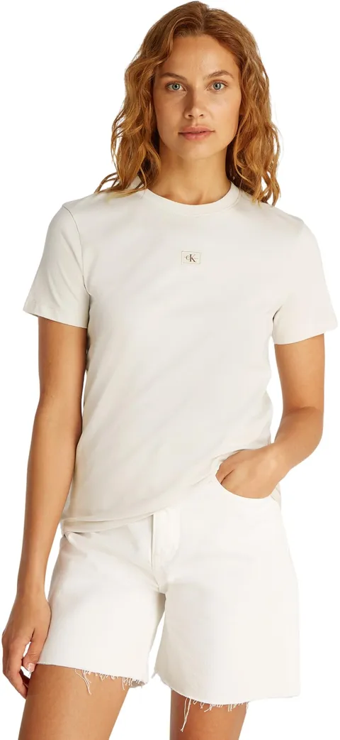 Calvin Klein Donna T-Shirt Maniche Corte Woven Label Regular Tee in Cotone, Bianco