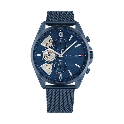 Tommy Hilfiger Orologio Analogico Multifunzione al Quarzo da Uomo con Cinturino in Maglia Metallica in Acciaio Inossidabile Blu - 1710648