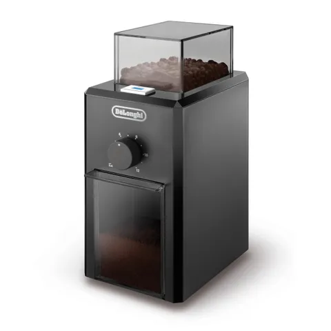 De'Longhi KG79 Macinacaffè elettrico, Macinacaffè professionale a Pressione con 16 Livelli di Macinatura, Pulsanti soft touch, Fino a 12 tazze, Dispositivo di sicurezza, Nero
