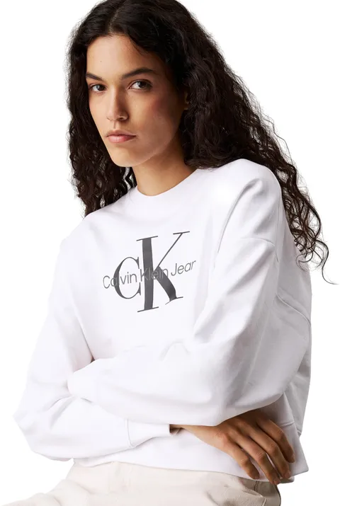 Calvin Klein Donna Felpa Monologo French Terry con Scollo Rotondo, Bianco (Brilliant