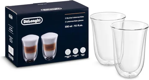 De'Longhi Bicchieri Cappuccino, Tazze di Vetro per Latte Macchiato, Vetro Borosilicato ritenzione del calore, Capacità 220ml, Set di 2, DLSC312, Trasparente