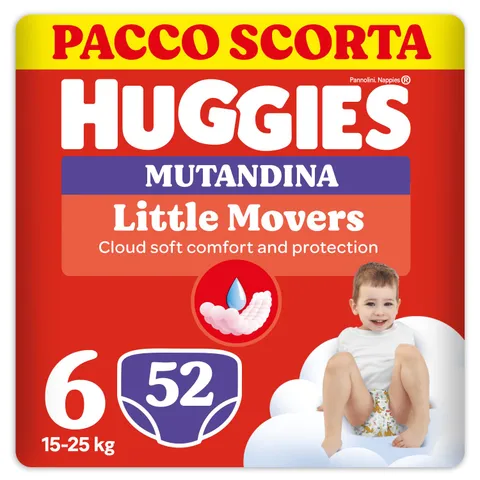 Huggies Little Movers Pannolini Mutandina Taglia 6 (15-25 Kg), Ultra assorbente, Protezione completa, Pacco Scorta, 52 Pz