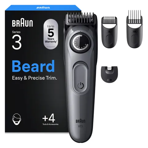 Braun Regolabarba Uomo Series 3, +4 Strumenti Di Styling, Lama Ultra Affilata, 50 Min Di