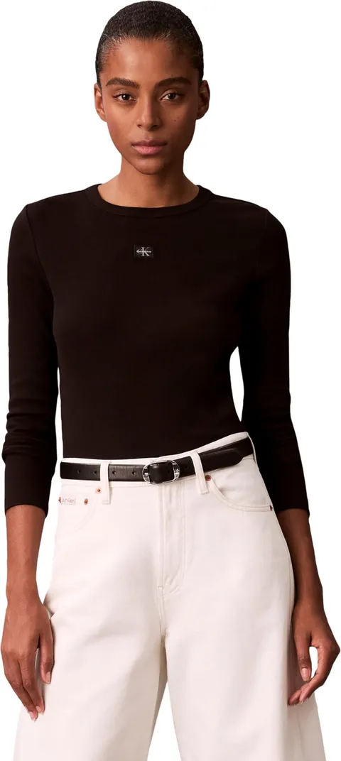 Calvin Klein Donna Maglietta Maniche Lunghe Woven Label con Scollo Rotondo, Nero (Black)