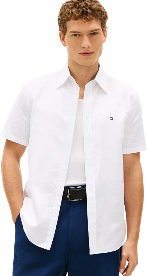 Tommy Hilfiger Uomo Camicia Linen Blend Solid Maniche Corte, Bianco (White), XS
