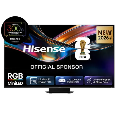 Hisense Smart TV RGB MiniLED 180Hz 75" 4K 75UR9S, Schermo Anti-Riflesso, 100% BT2020