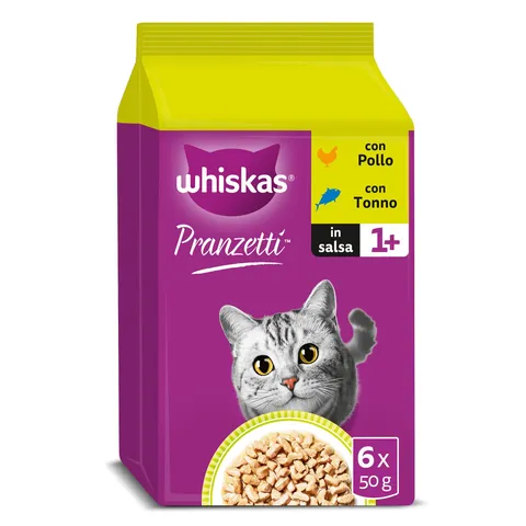 WHISKAS PRANZETTI Cibo Umido in Salsa per Gatti Adulti 6x50g Carne & Pesce, confezione da 12
